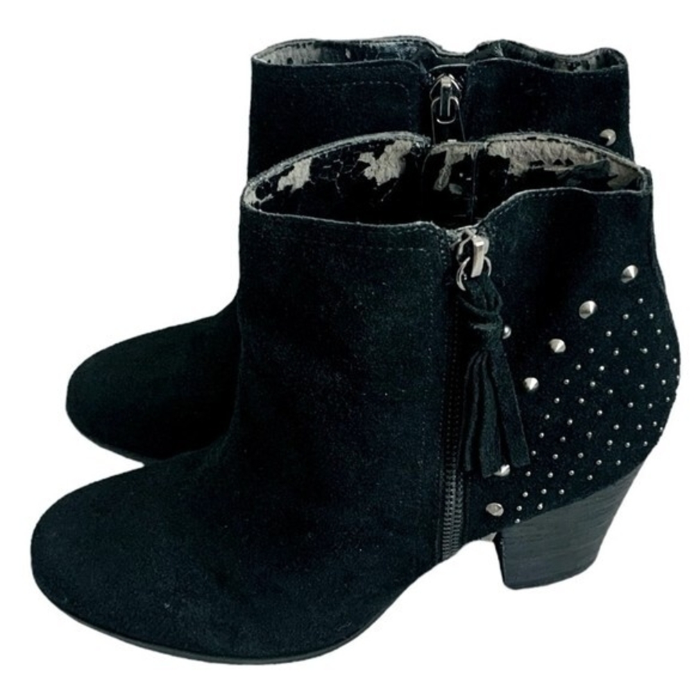 GUESS Black Suede Leather Ankle Boots Women’s 9.5 Spike Fringe Tassel - Picture 3 of 6